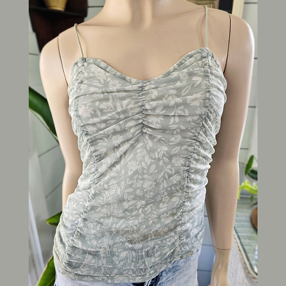 No Boundaries green floral print mesh ruched front tank top Juniors sz S lined
